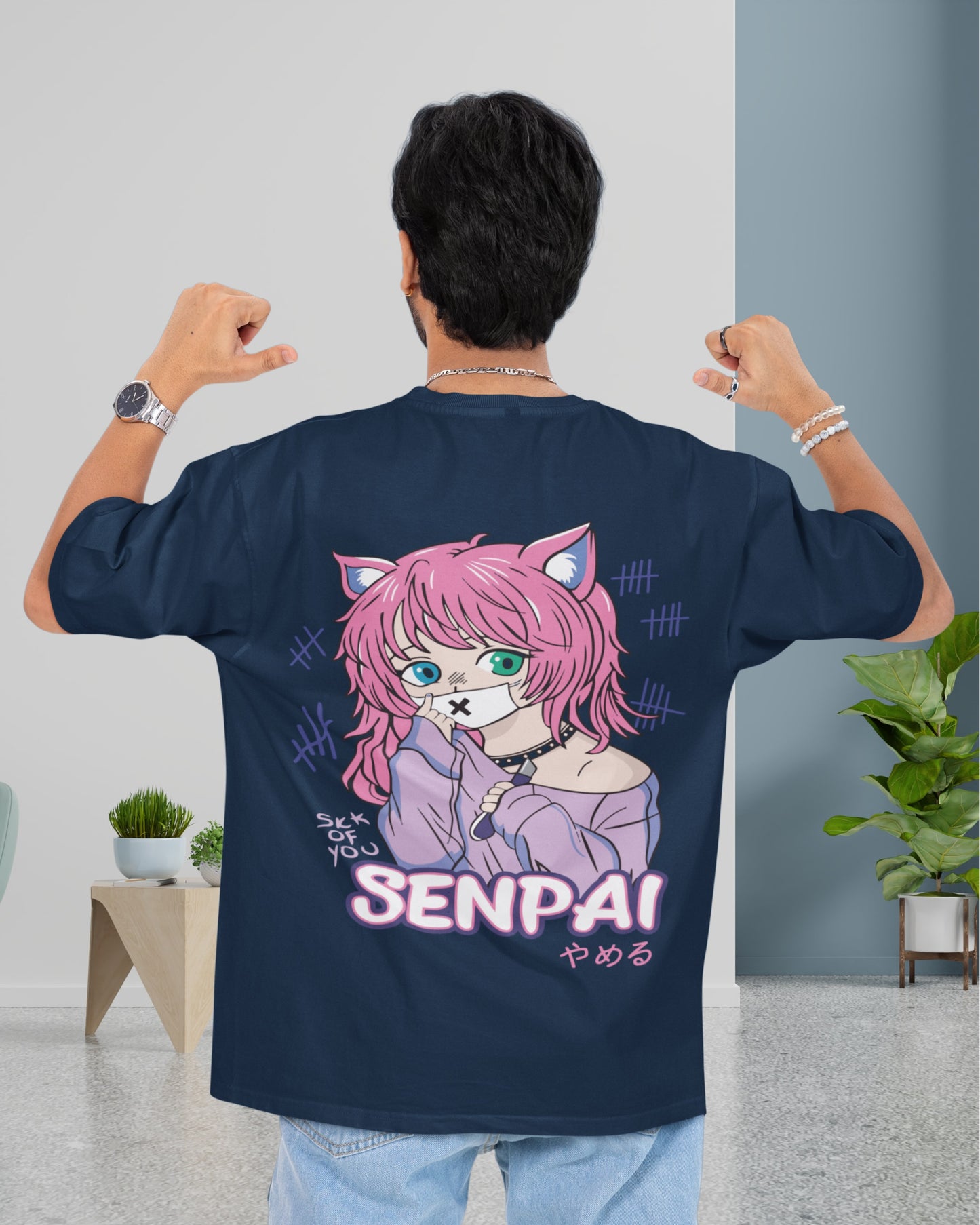 E-20 Men’s Navy Blue Oversized Anime Senpai Back Print T-Shirt