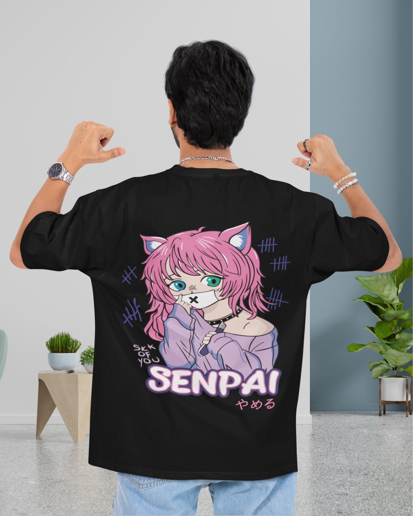 E-21 Men’s SENPAI Anime Printed Oversized Black T-Shirt