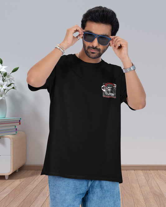 E-12 Premium Black Oversized Anime Back Print T-Shirt for Men