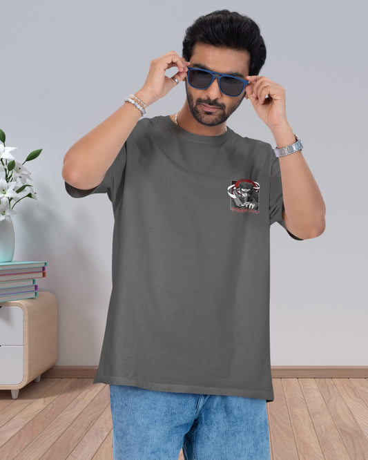 E-13 Men’s Grey Oversized Anime Back Print Cotton T-Shirt