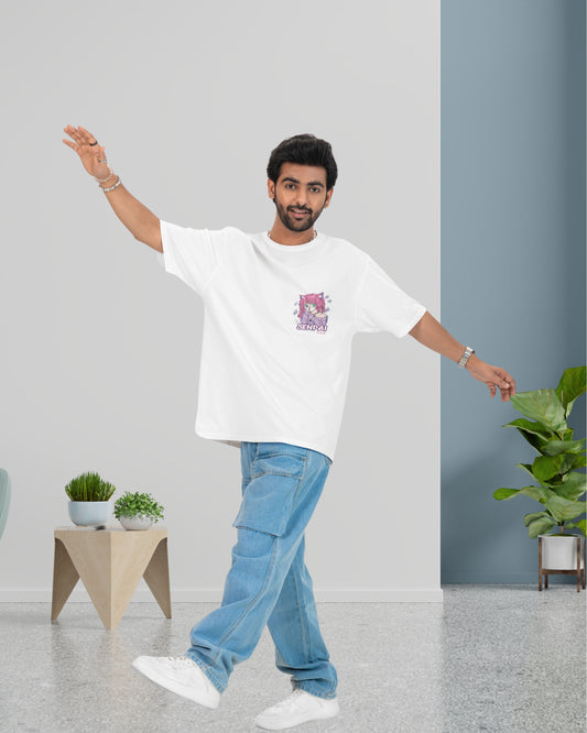E-19 Men’s White Senpai Anime Oversized T-Shirt | Cute & Aesthetic Back Print Tee